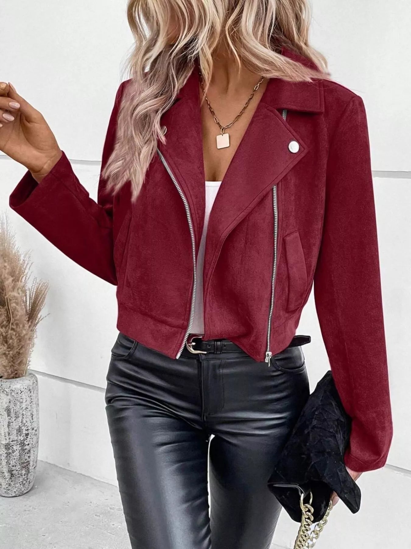 Zip Up Cropped Jacket Burgundy