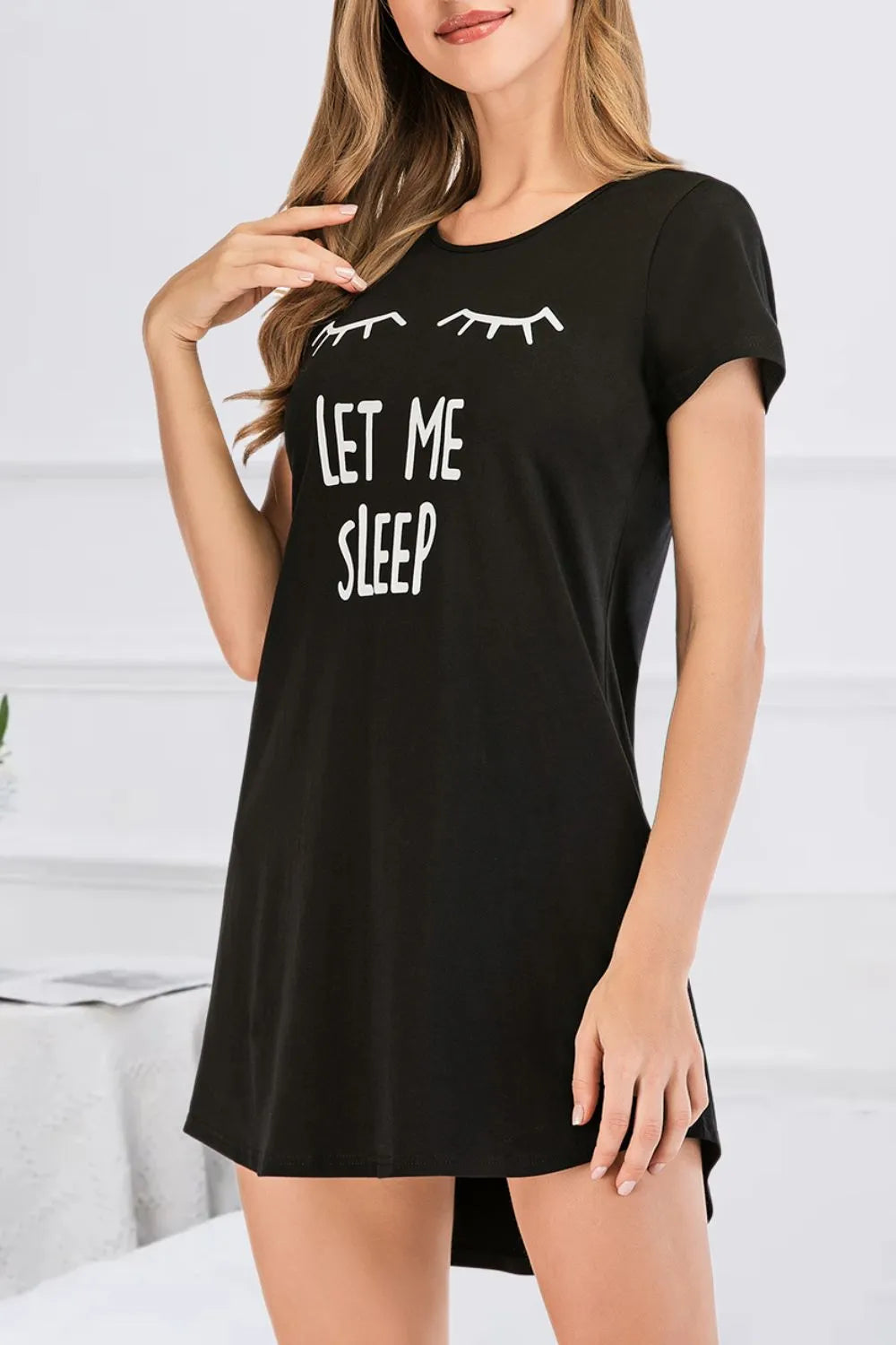Graphic Round Neck Short Sleeve Lounge Dress Black