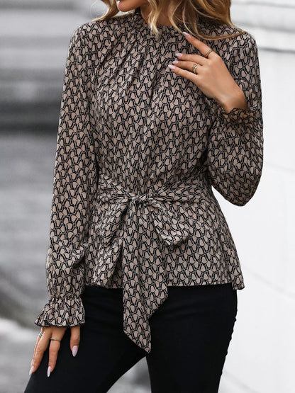 Printed Tie-Waist Flounce Sleeve Blouse Khaki