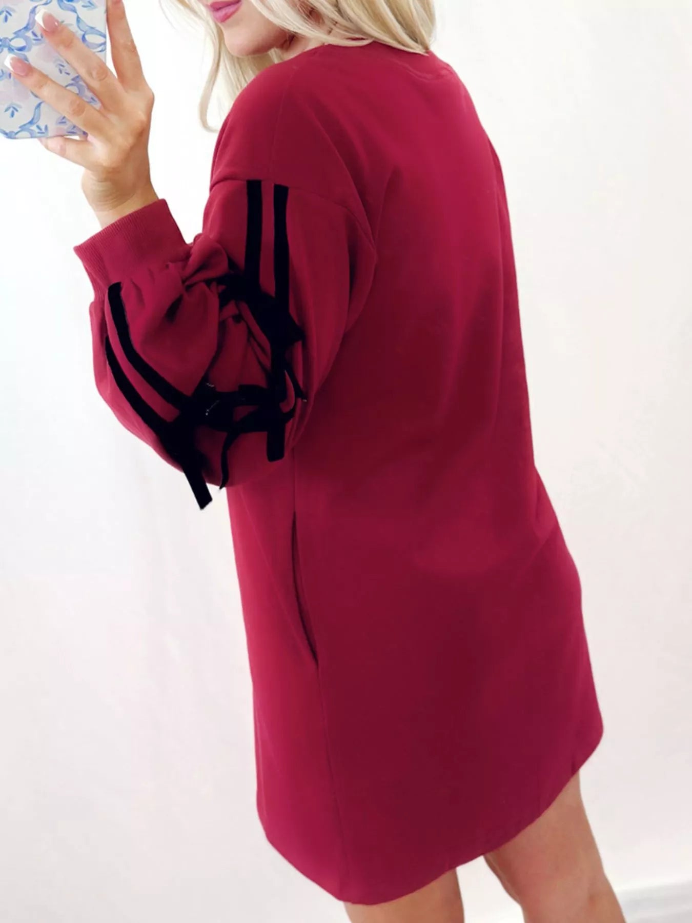 Contrast Striped Bow Detail Drop Shoulder Sweatshirt Dress with Pockets