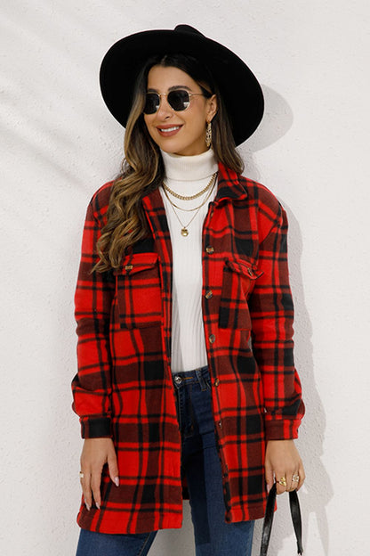 Shiny Plaid Collared Longline Coat Deep Red