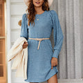 Ribbed Knit Puff Sleeve Casual Mini Dress