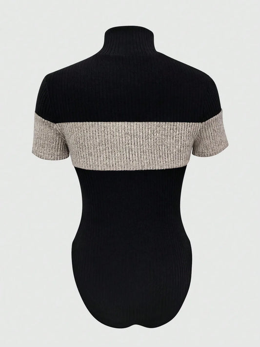 Color Block Turtleneck Ribbed Bodysuit