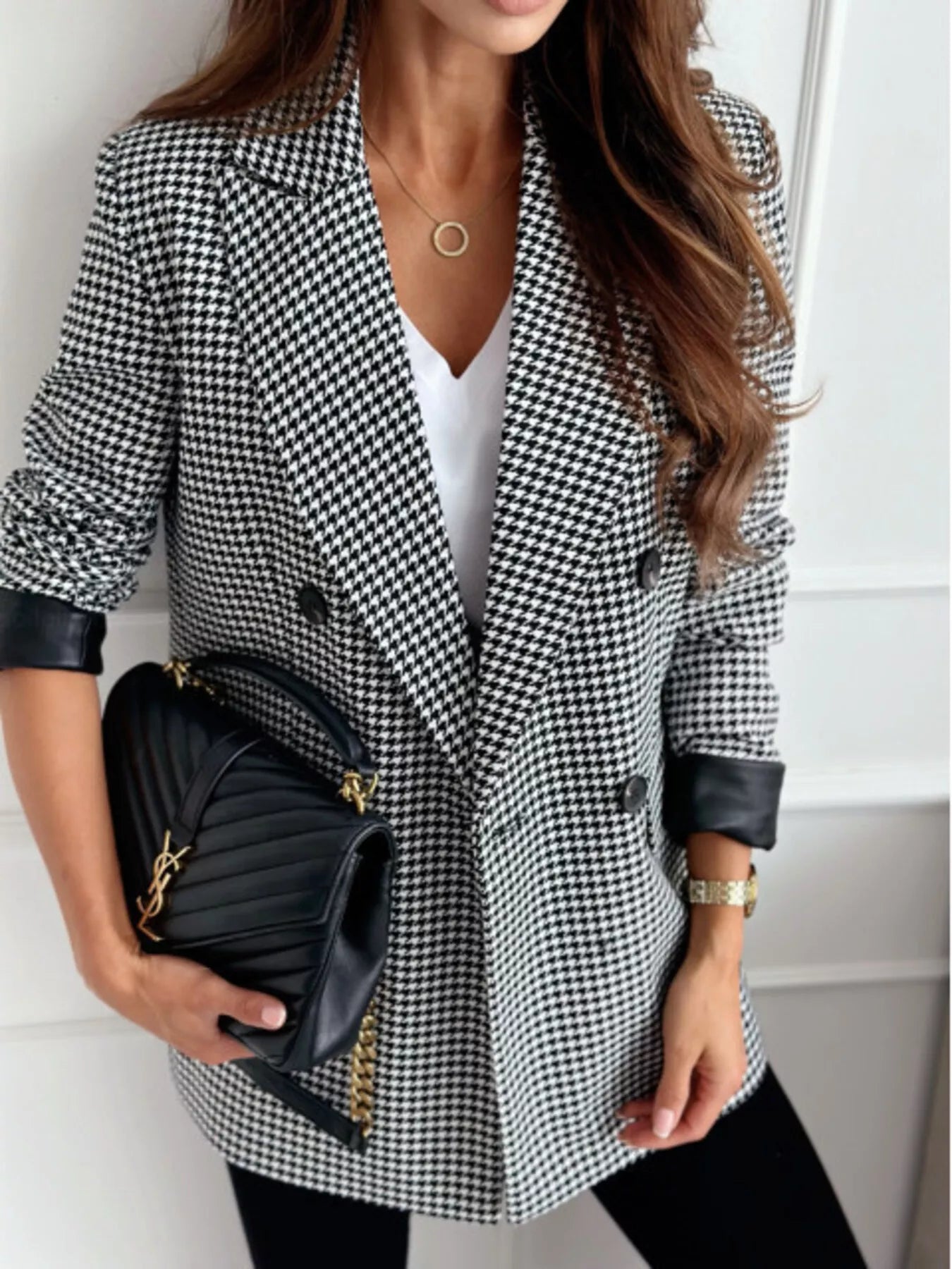 Lapel Collar Long Sleeve Blazer Plaid