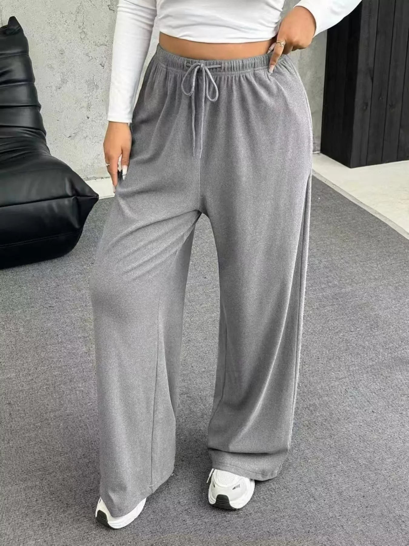 Full Size Drawstring Wide Leg Pants Plus Size Light Gray