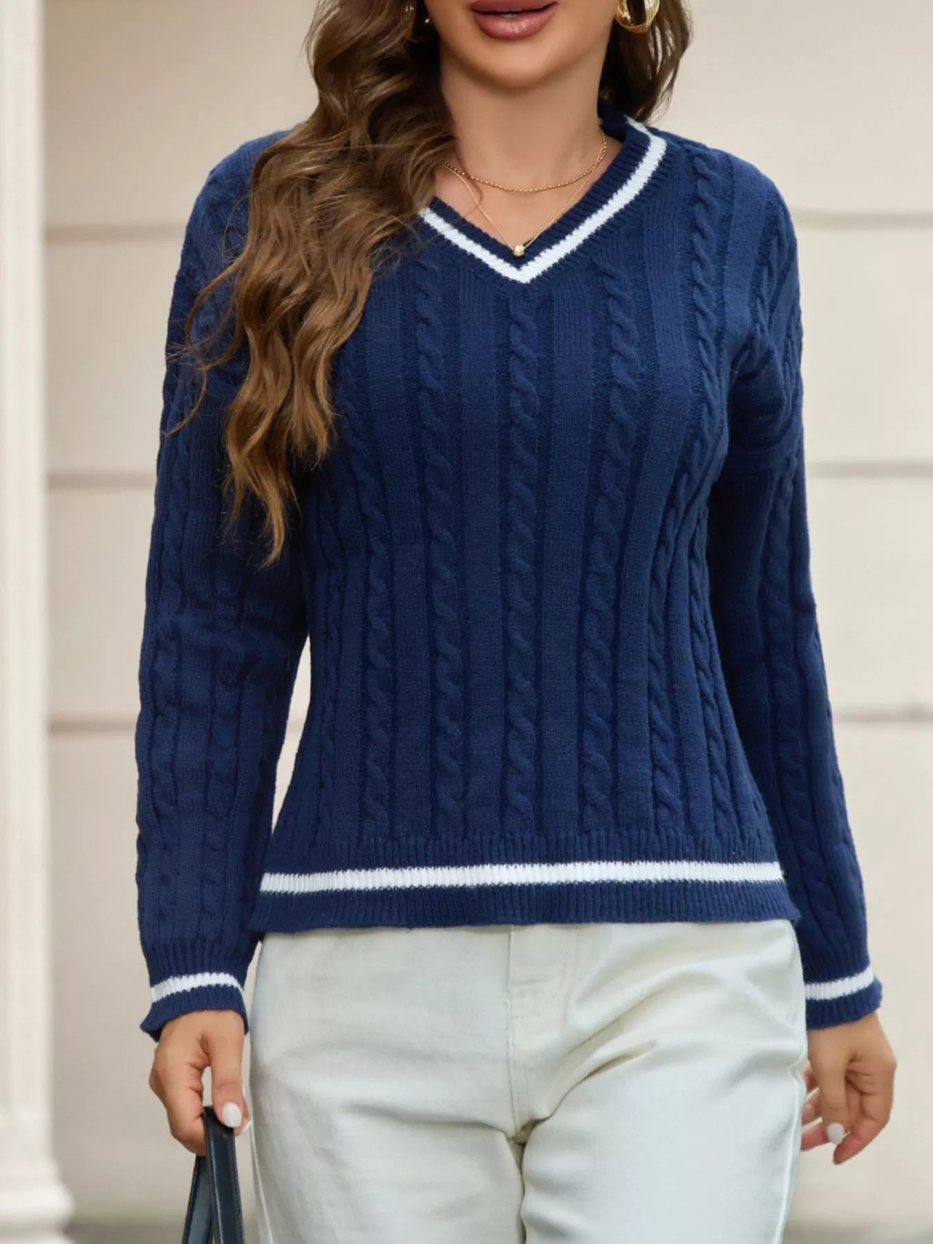 Classic Cable Knit V-Neck Sweater