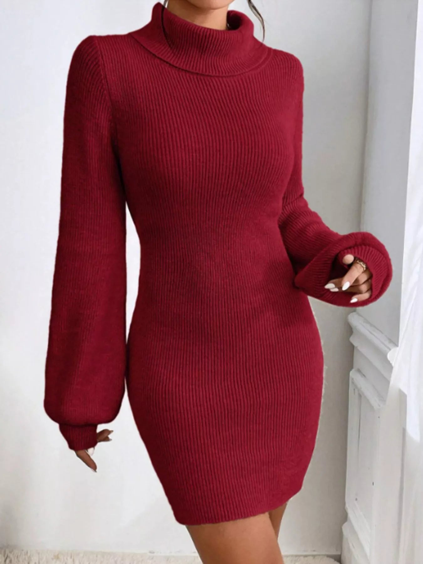 Turtleneck Ribbed Knit Sweater Dress