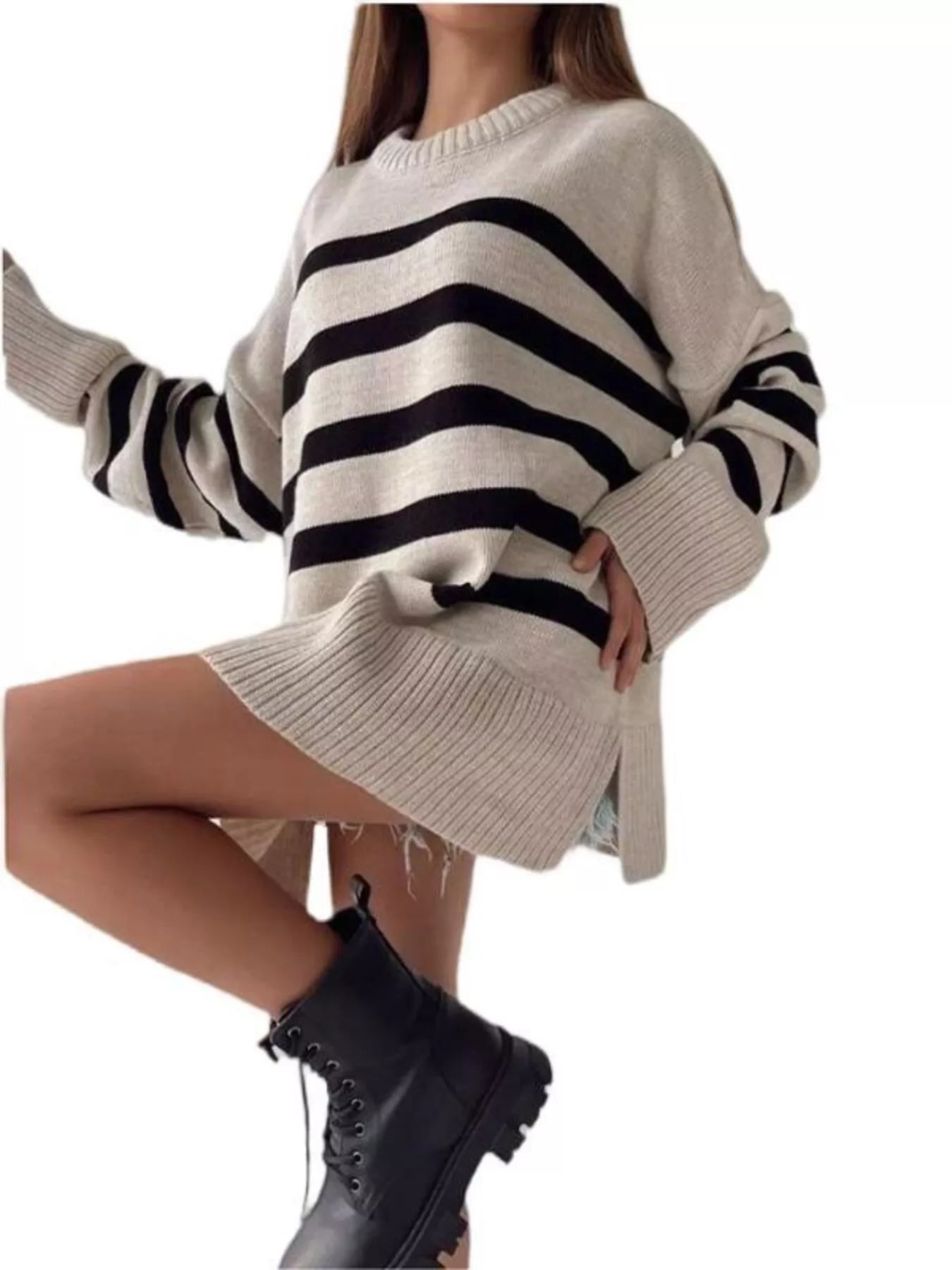Side Slit Striped Oversized Knit Sweater