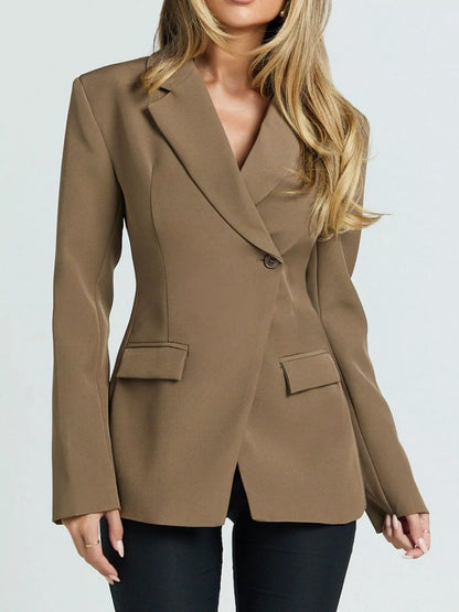 Lapel Collar One Button Blazer Brown