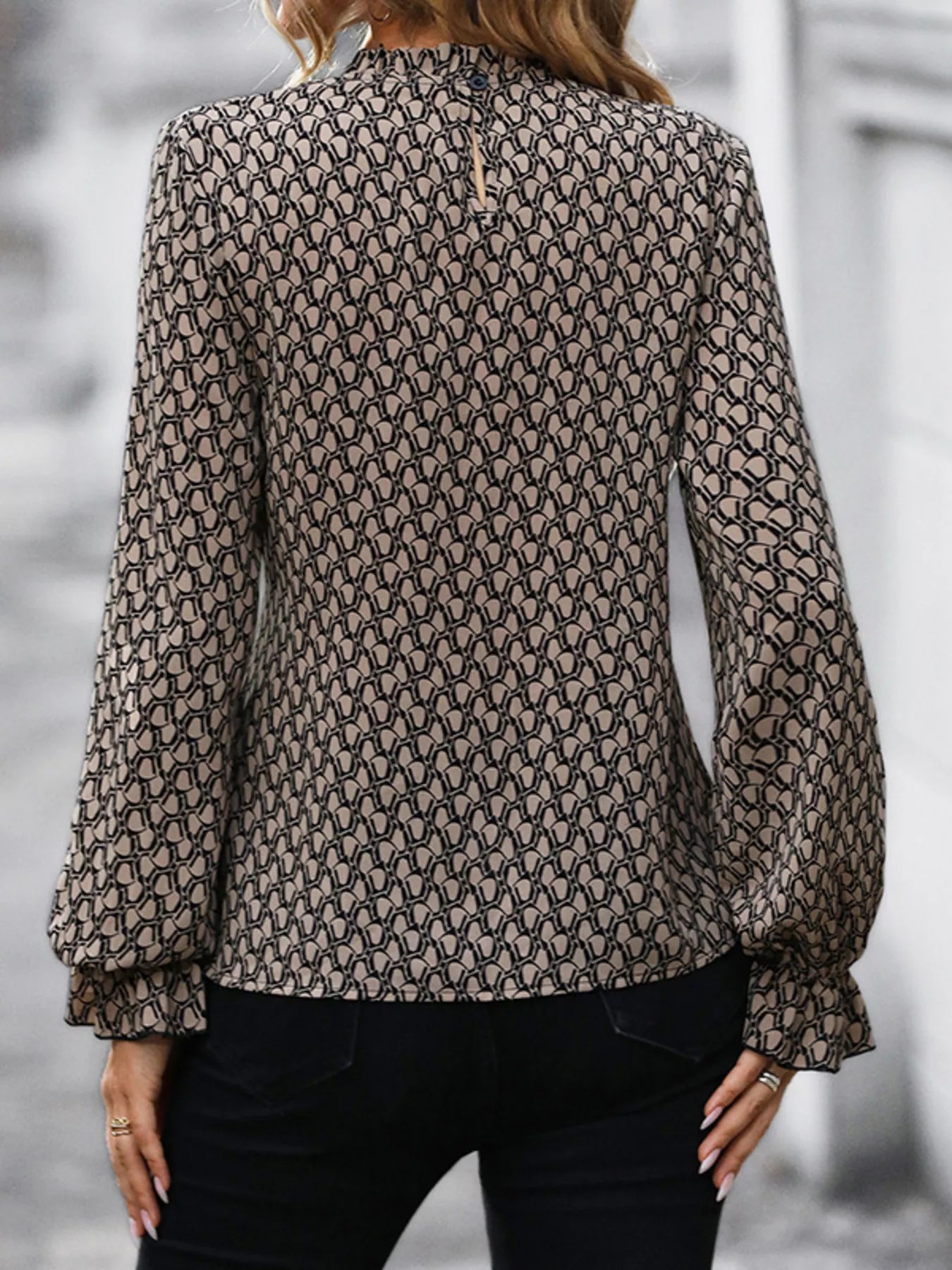 Printed Tie-Waist Flounce Sleeve Blouse