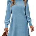 Ribbed Knit Puff Sleeve Casual Mini Dress Blue