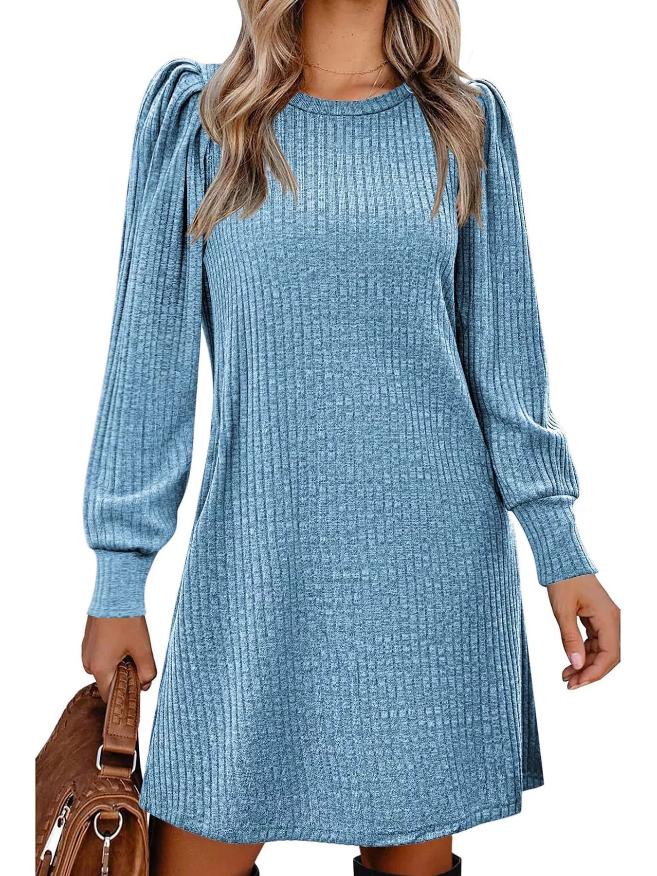 Ribbed Knit Puff Sleeve Casual Mini Dress Blue