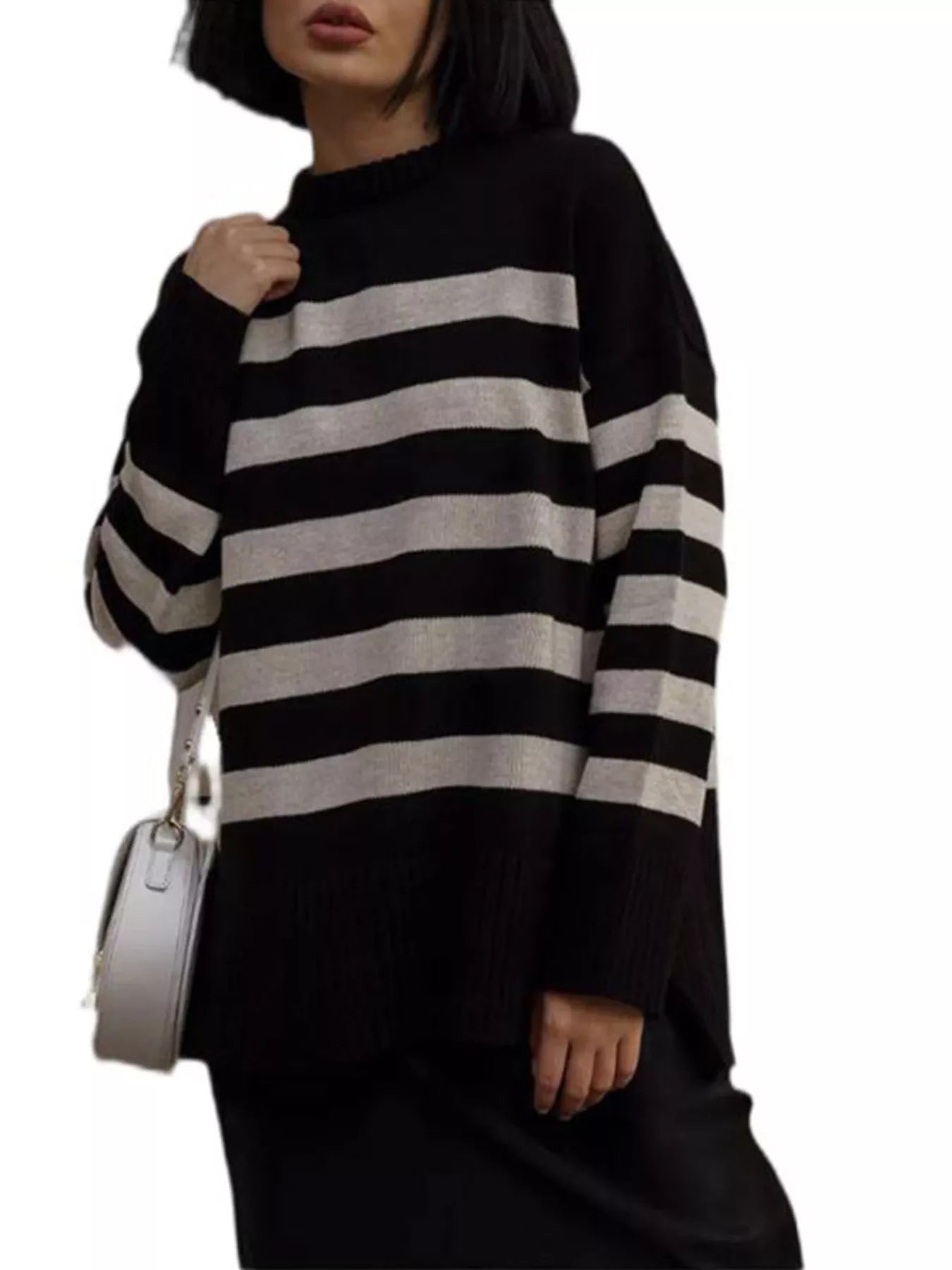 Side Slit Striped Oversized Knit Sweater