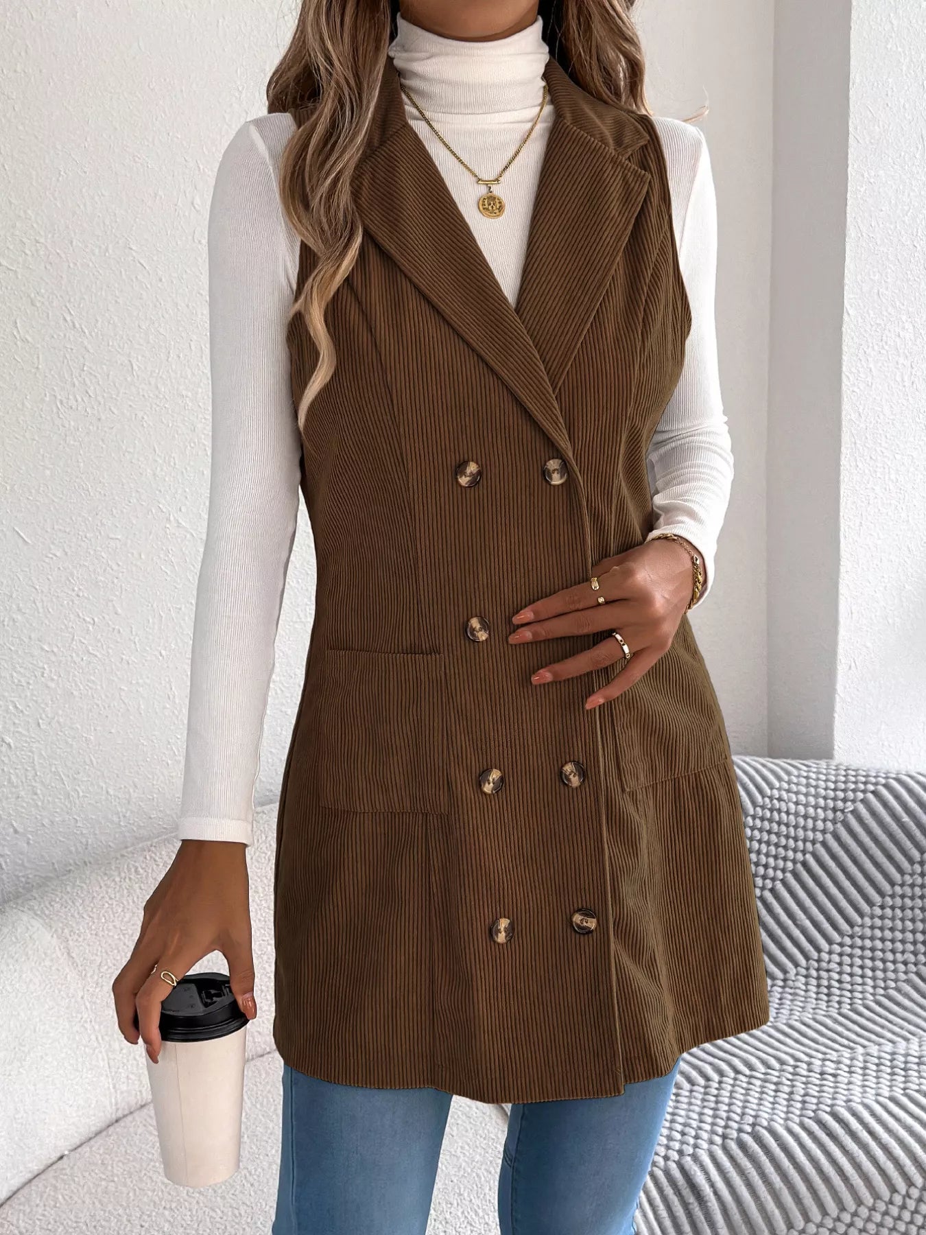 Double-Breasted Long Vest Coat Coffee Brown