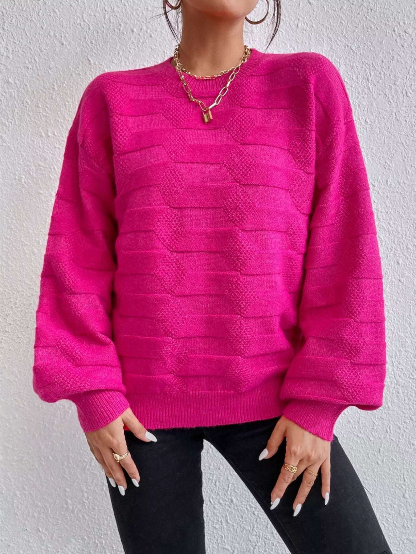 Textured Knit Round Neck Sweater