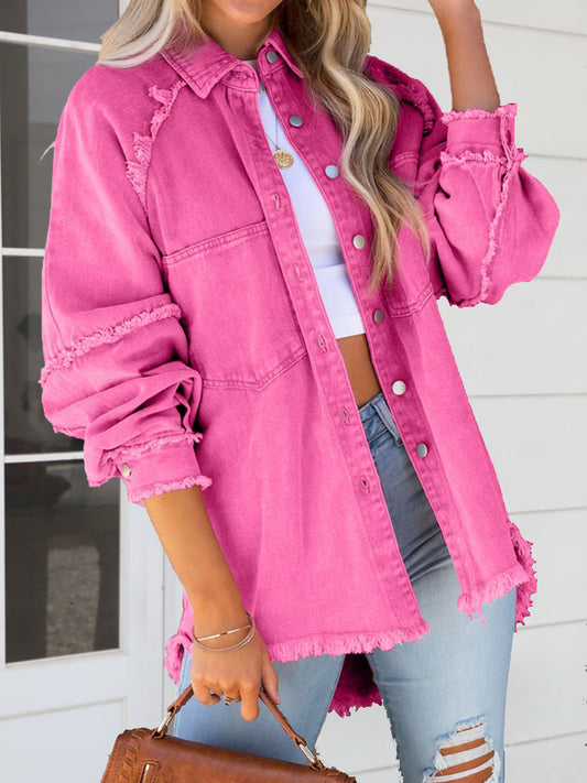 Button Down Raw Hem Denim Jacket Pink