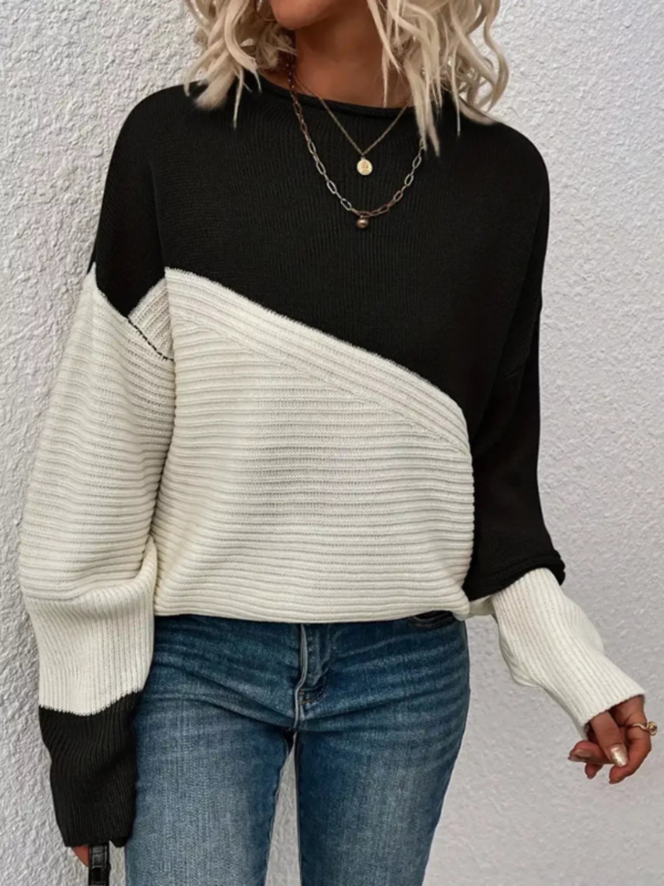 Color Block Ribbed Knit Sweater