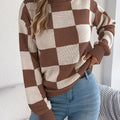 Checkered Turtleneck Long Sleeve Sweater Brown