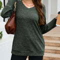 V-Neck Textured Knit Long Sleeve T-Shirt