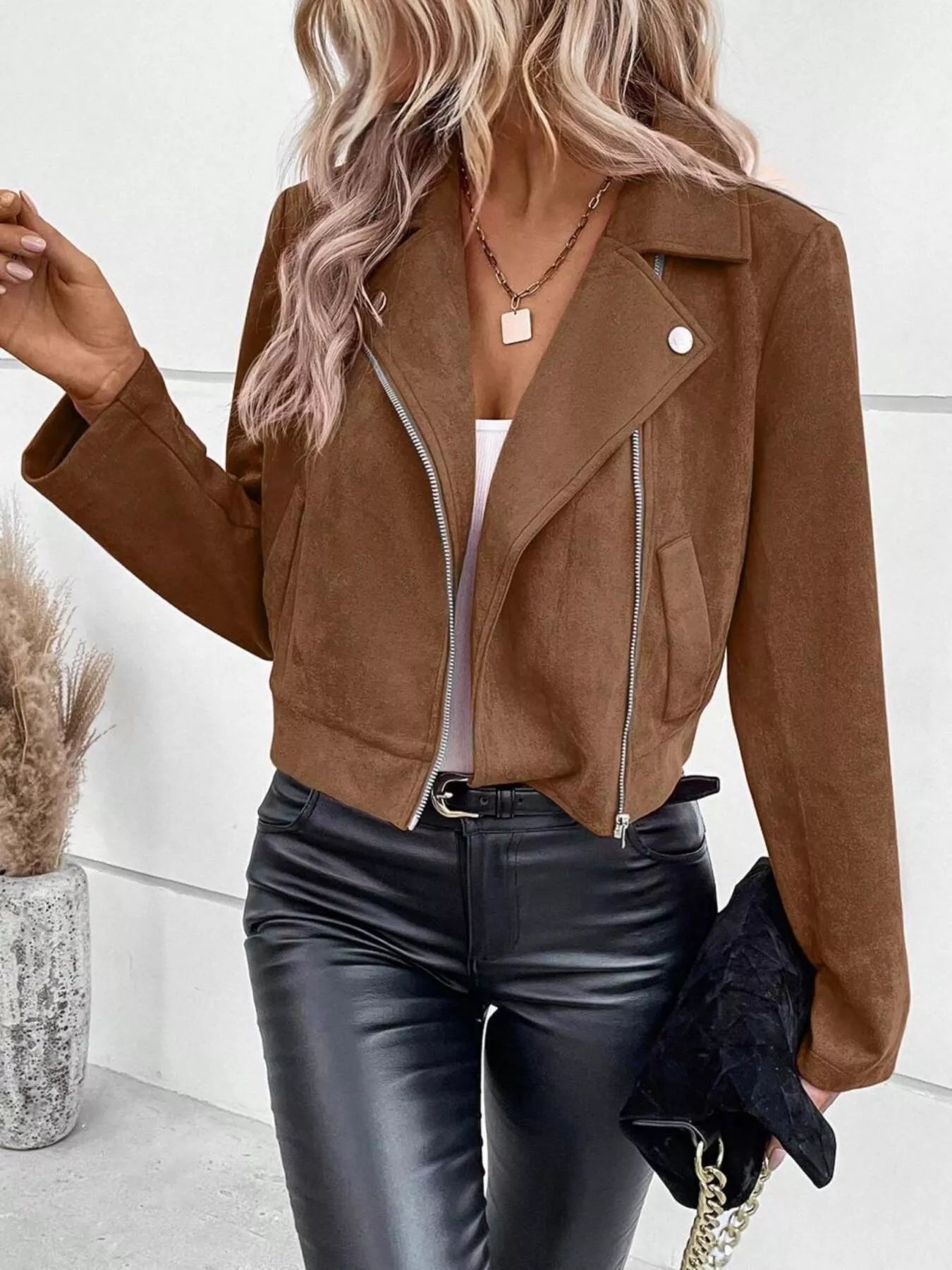 Zip Up Cropped Jacket Brown