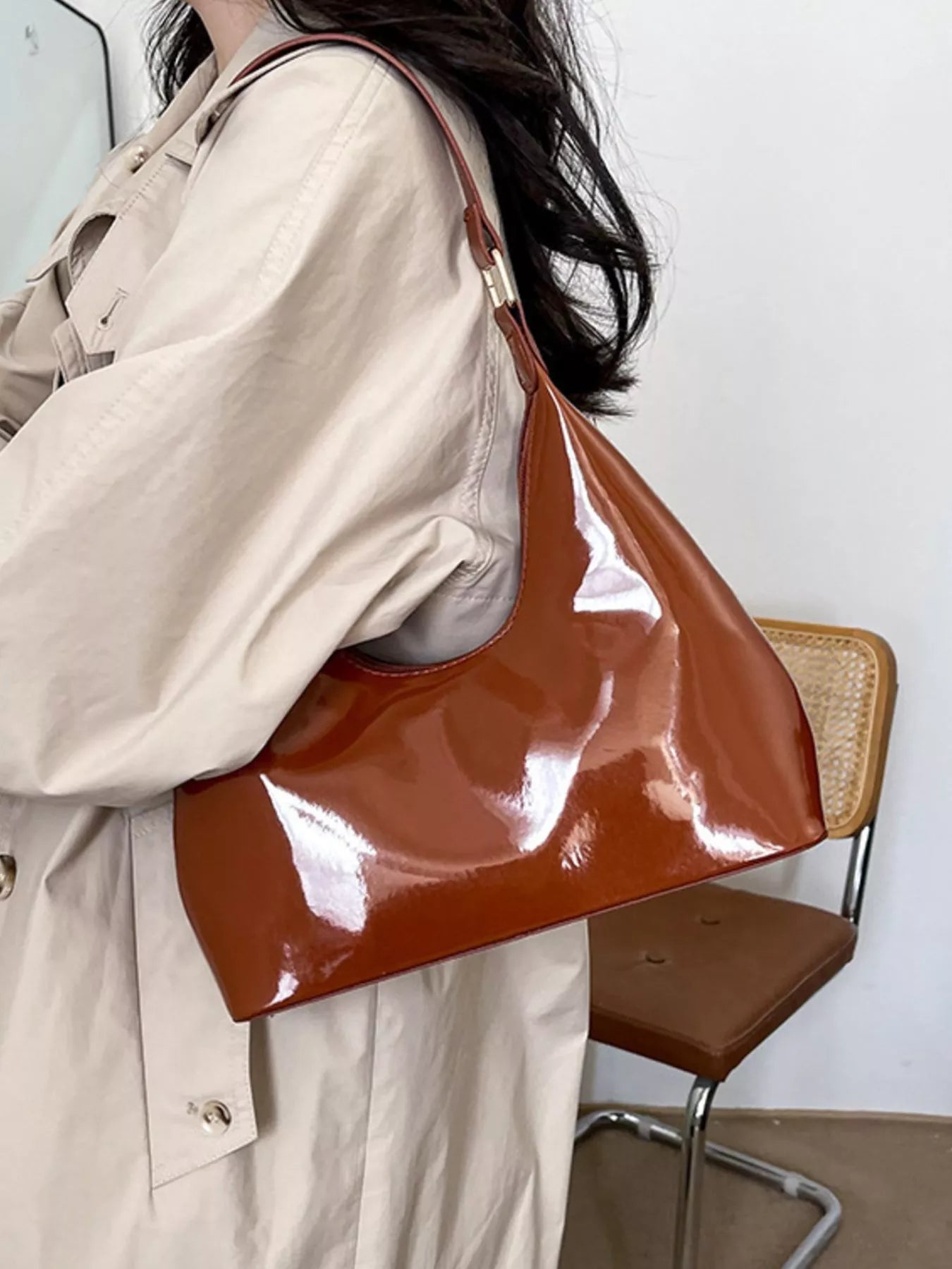 Solid Color Leather Shoulder Bag Brown onesize