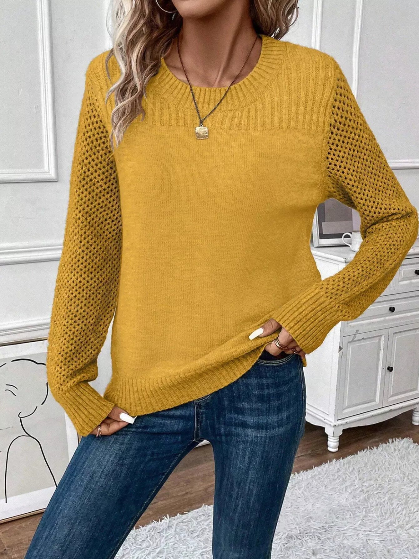 Openwork Long Sleeve Sweater Yellow