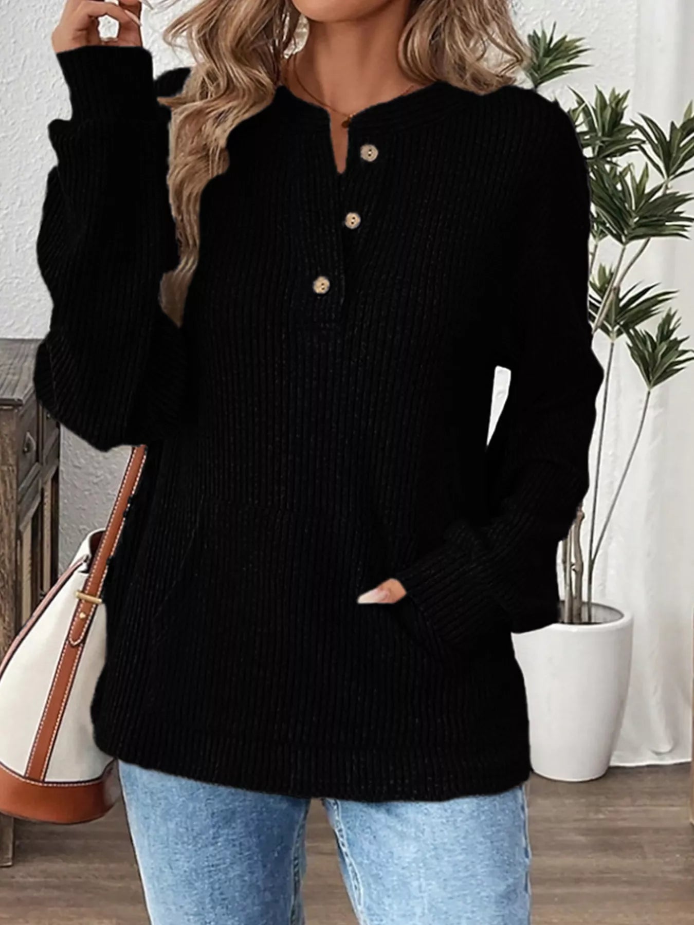 Ribbed Button Detail Long Sleeve T-Shirt Black