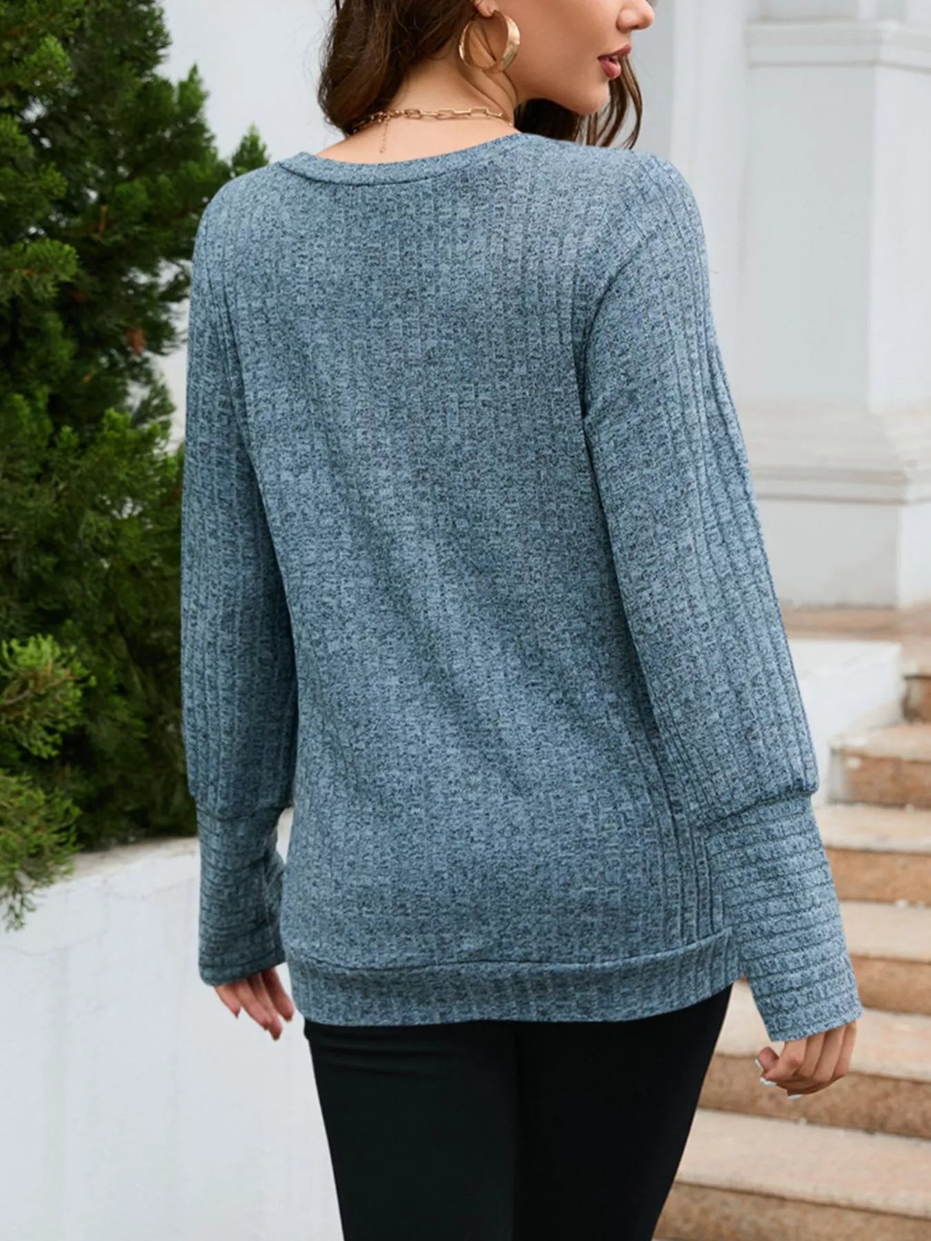V-Neck Textured Knit Long Sleeve T-Shirt