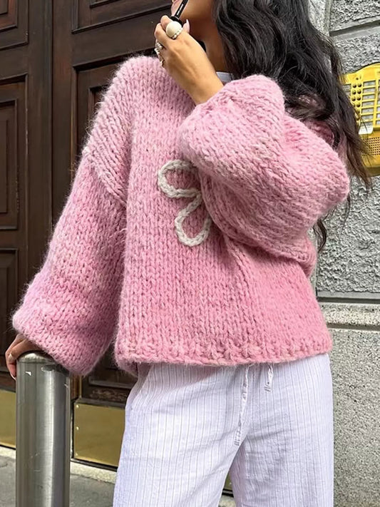 Flower Round Neck Dropped Shoulder Sweater