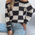 Cold Shoulder Checkered Long Sleeve Sweater Black