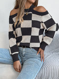 Cold Shoulder Checkered Long Sleeve Sweater Black