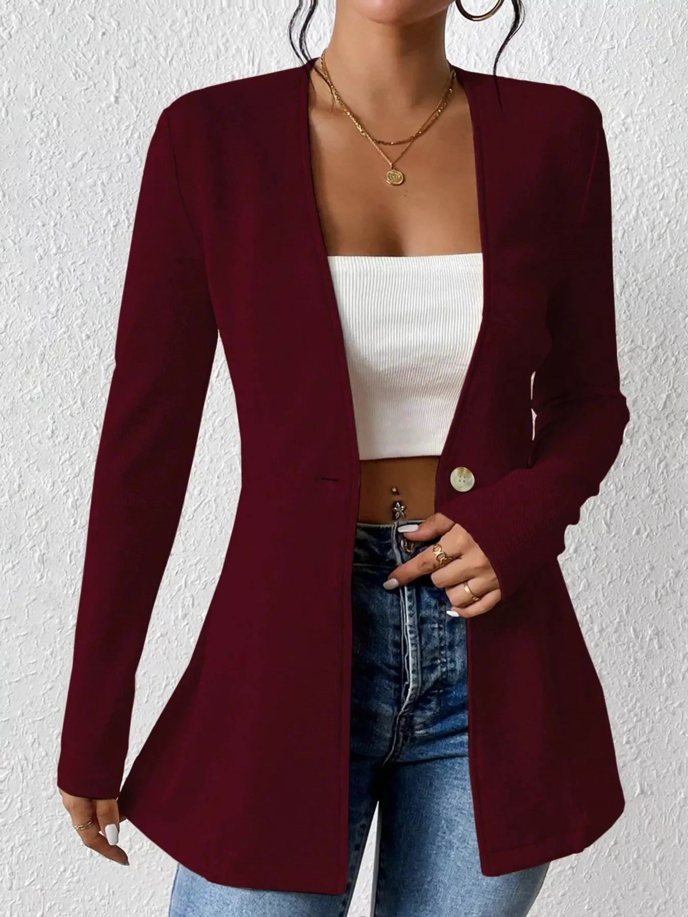 Single-Button Long Sleeve Blazer Wine Red