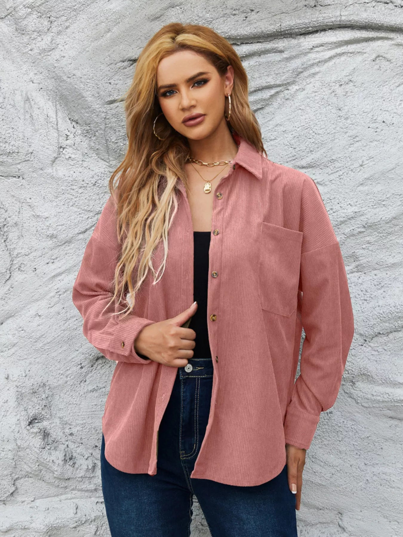 Corduroy Button-Up Shirt Pinkish