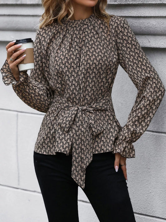 Printed Tie-Waist Flounce Sleeve Blouse
