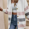 Striped Fuzzy Knit Button-Up Cardigan