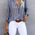 Striped Print V Neck Half Buttons Loose Blouse