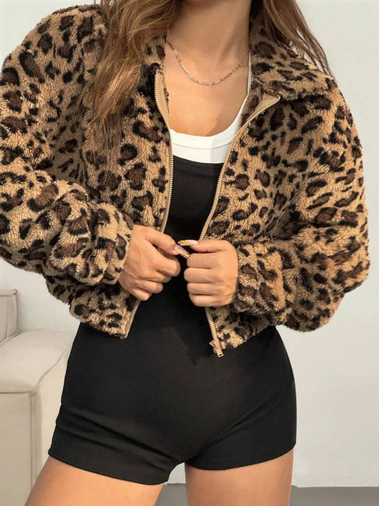 Leopard Print Fuzzy Cropped Jacket
