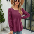 Smocked Round Neck Lantern Sleeve Blouse Cerise
