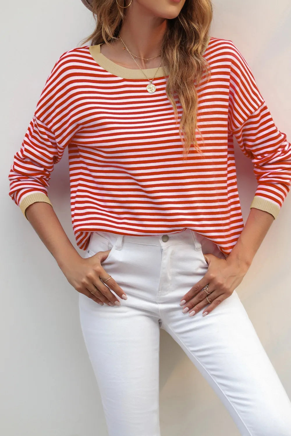 Striped Round Neck Drop Shoulder T-Shirt