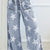 Star Print Washed Drawstring High Waist Wide Leg Jeans Medium