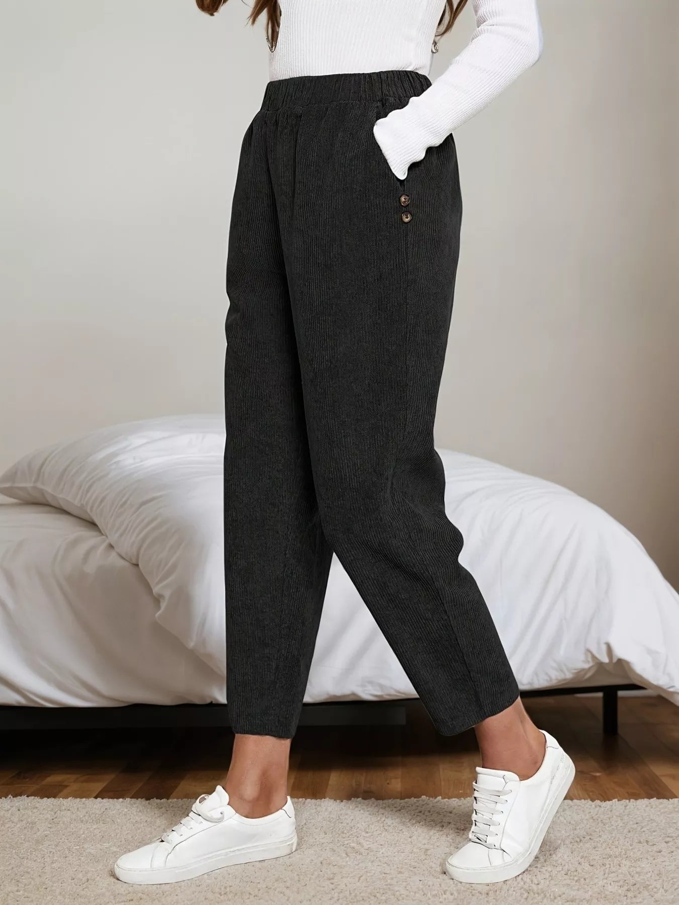 Corduroy Elastic Waist Cropped Pants