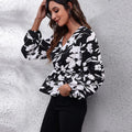 Floral V-Neck Balloon Sleeve Peplum Blouse