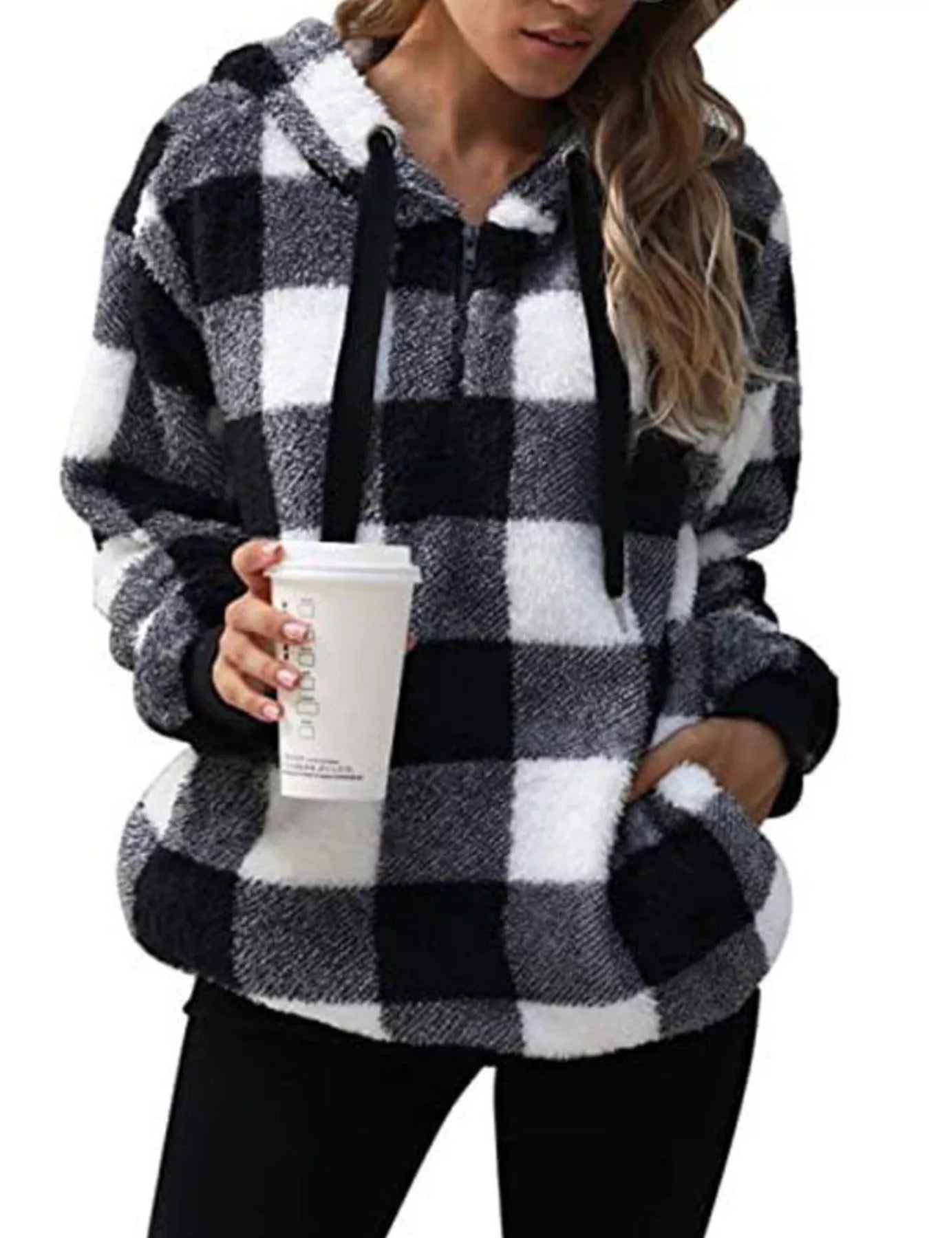 Full Size Plaid Sherpa Drawstring Hoodie Plus Size Black