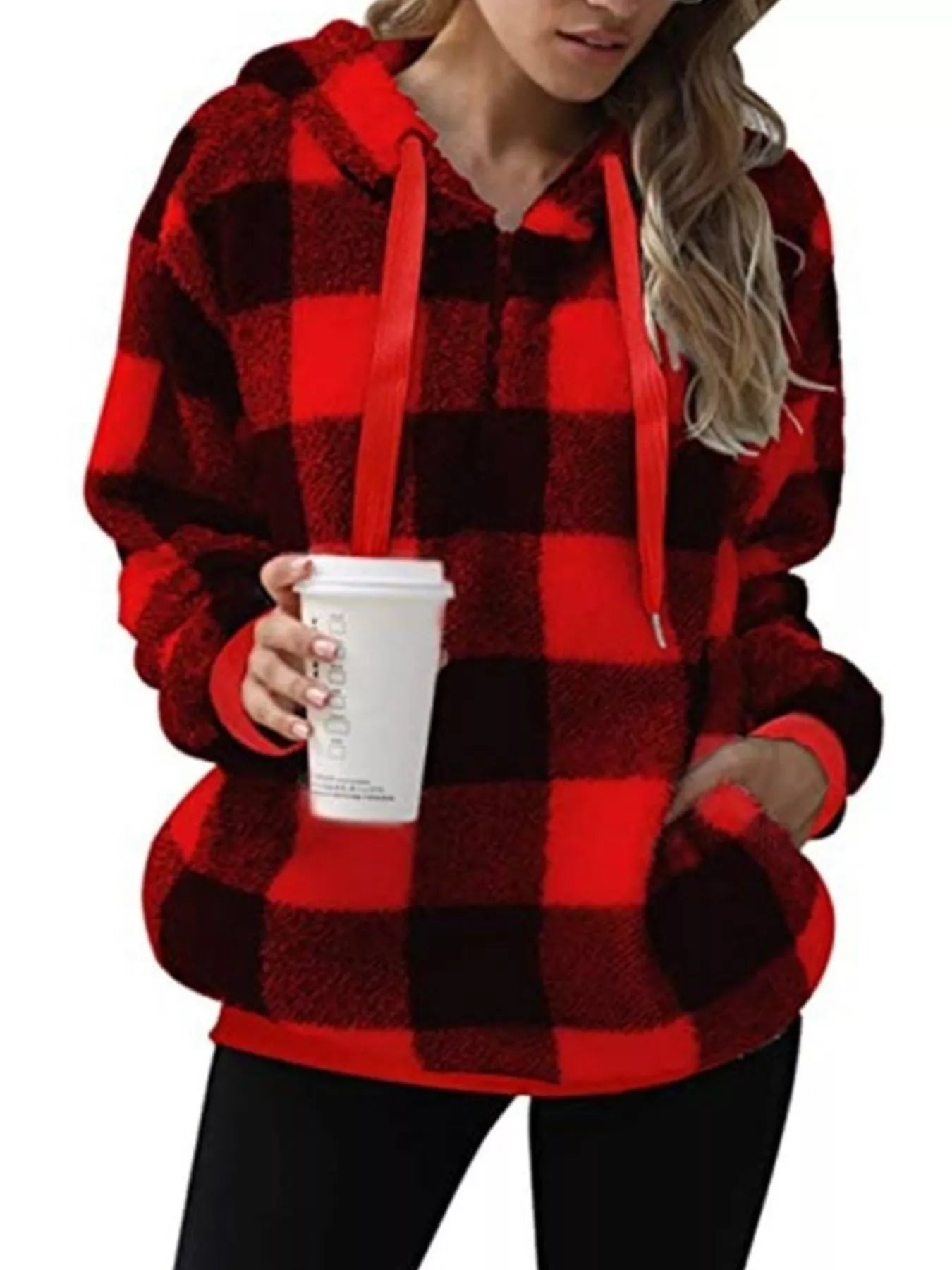 Full Size Plaid Sherpa Drawstring Hoodie Plus Size Red