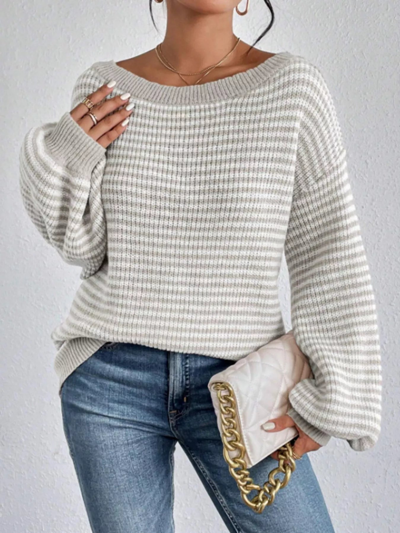 Striped Boat Neck Long Sleeve Sweater