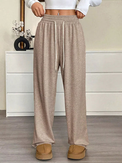 Casual Drawstring Waist Wide Leg Pants Khaki