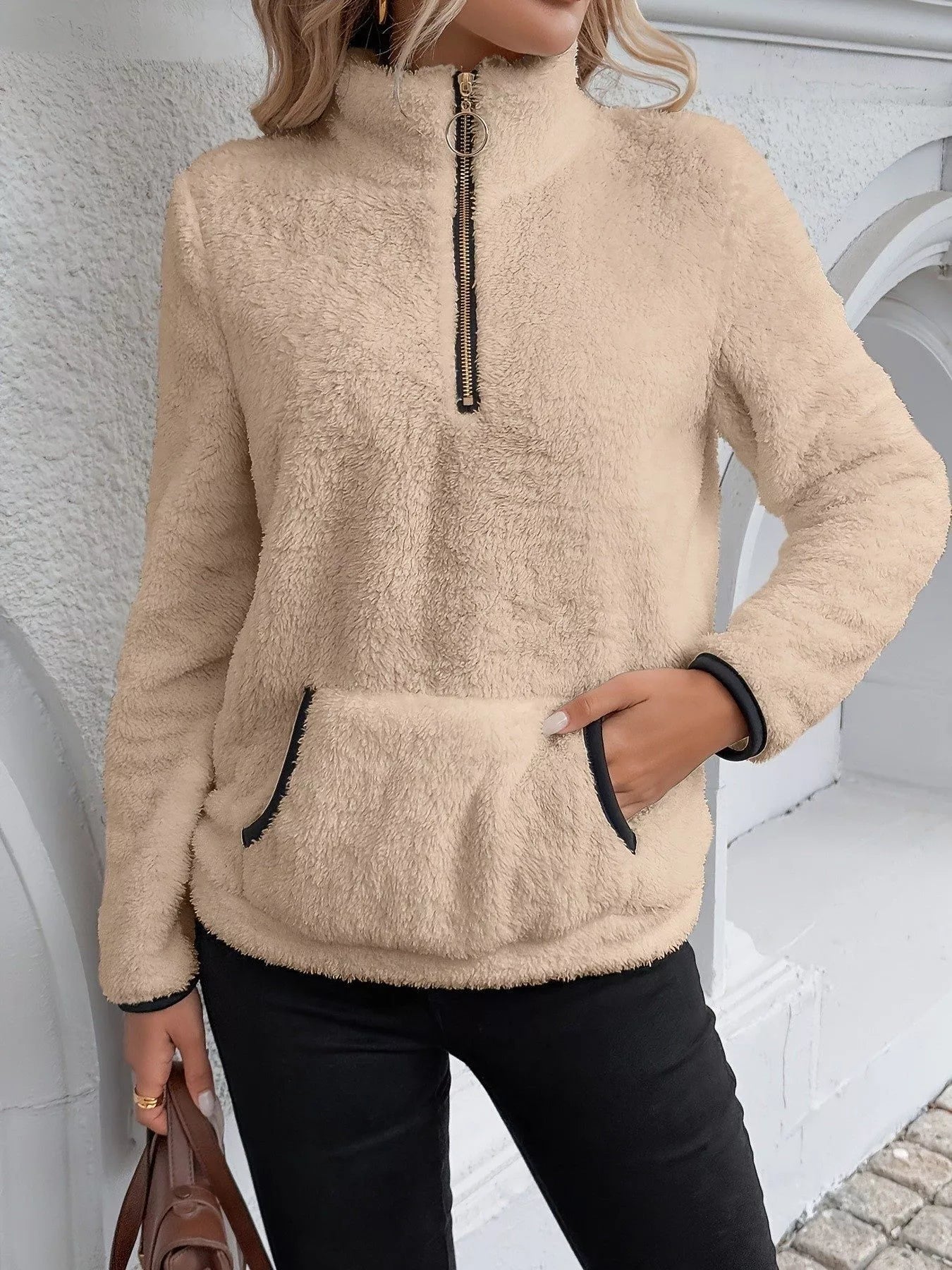 Full Size Cozy Fleece Quarter Zip Long Sleeve Sweatshirt Plus Size Khaki