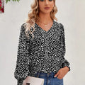 Printed V-Neck Lantern Sleeve Blouse Black