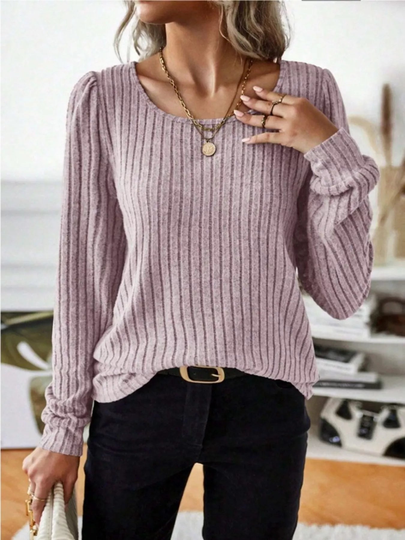 Ribbed Knit Long Sleeve T-Shirt Pink