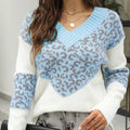 Leopard V-Neck Long Sleeve Sweater Blue